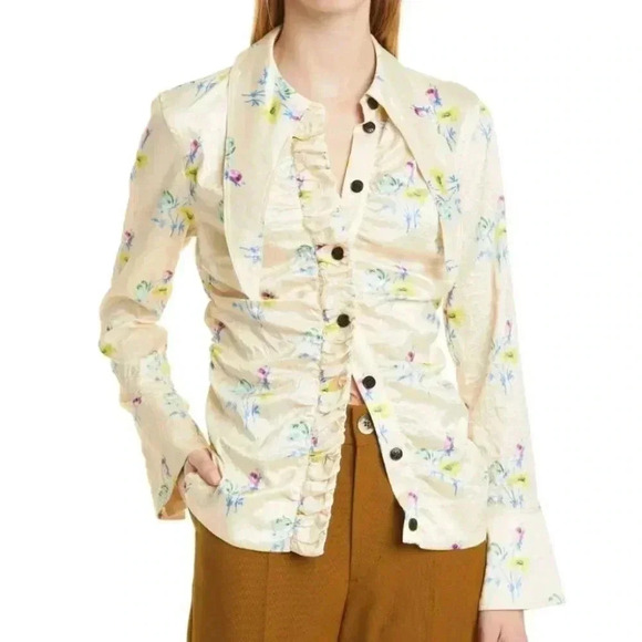 NWT GANNI Yellow Floral Satin Blouse Ruched Crinkled Button Front Top - Picture 3 of 11